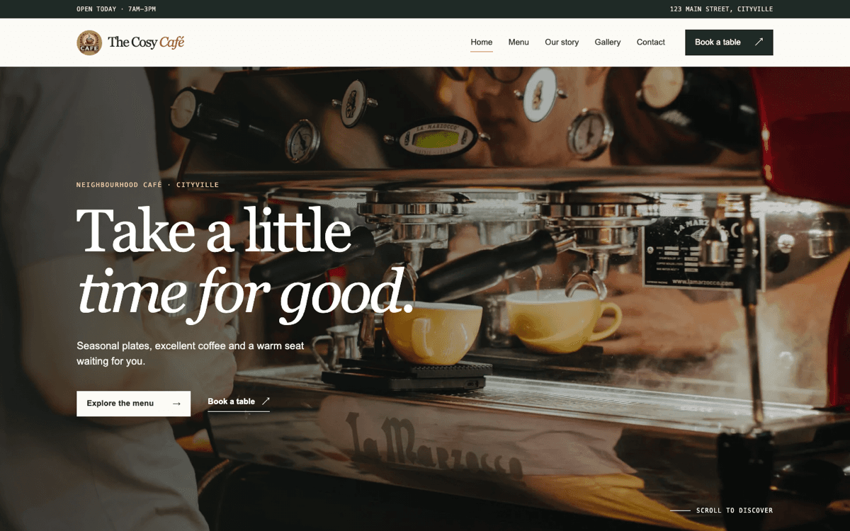 The Cosy Café website homepage with espresso machine hero image
